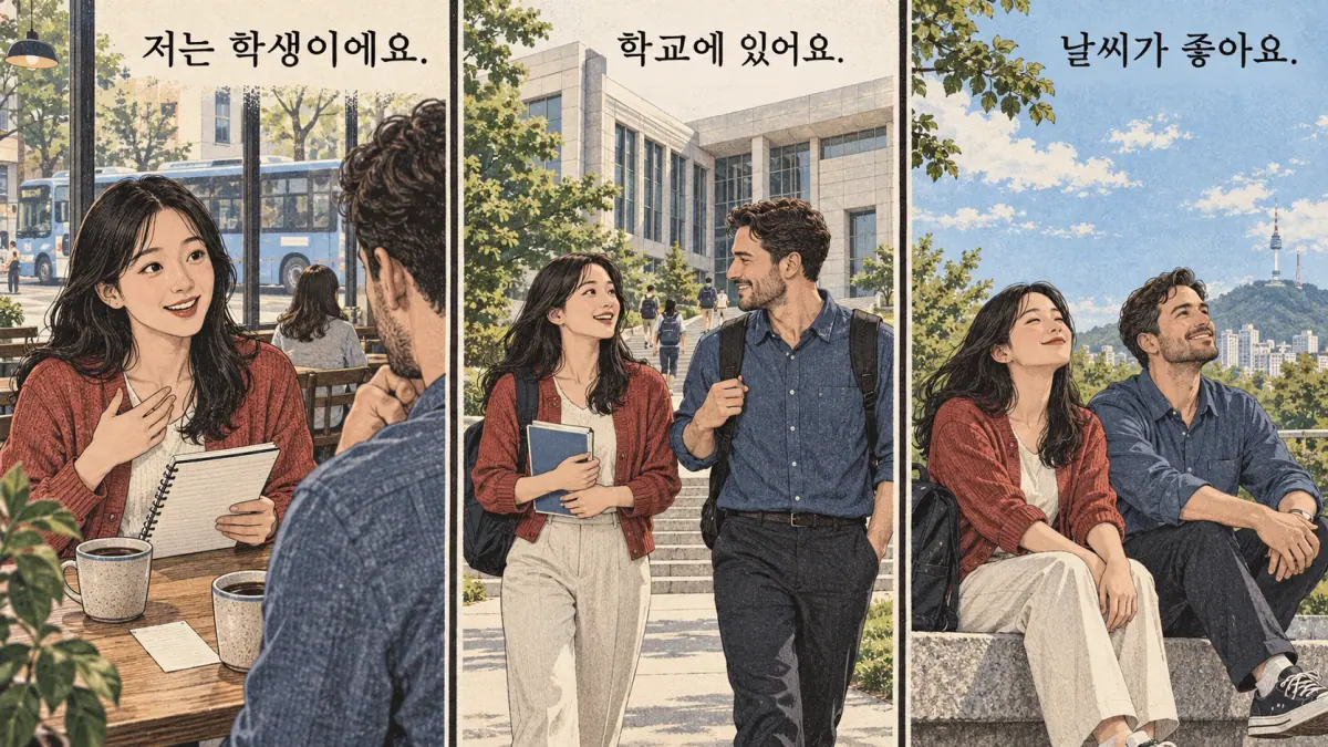 Everyday Korea scenes labelled 저는 학생이에요. / 학교에 있어요. / 날씨가 좋아요.