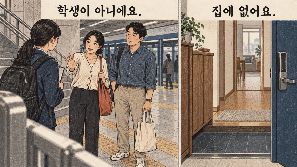 Everyday Korea scenes labelled 학생이 아니에요. / 집에 없어요.