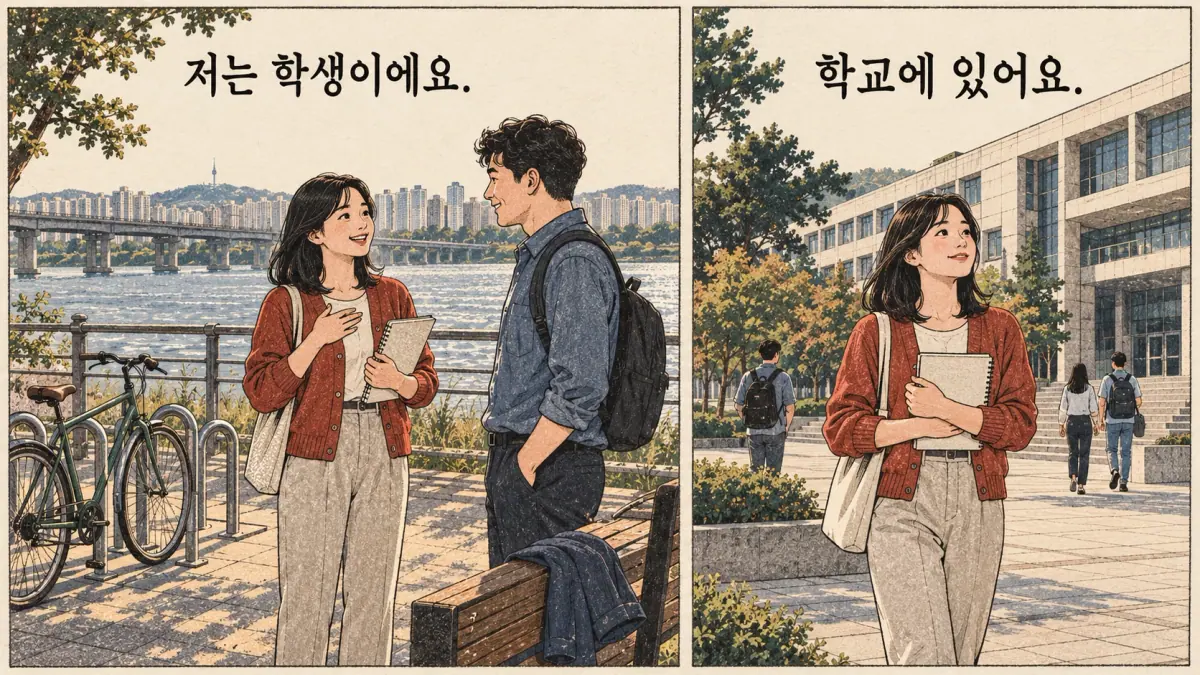 Everyday Korea scenes labelled 저는 학생이에요. / 학교에 있어요.