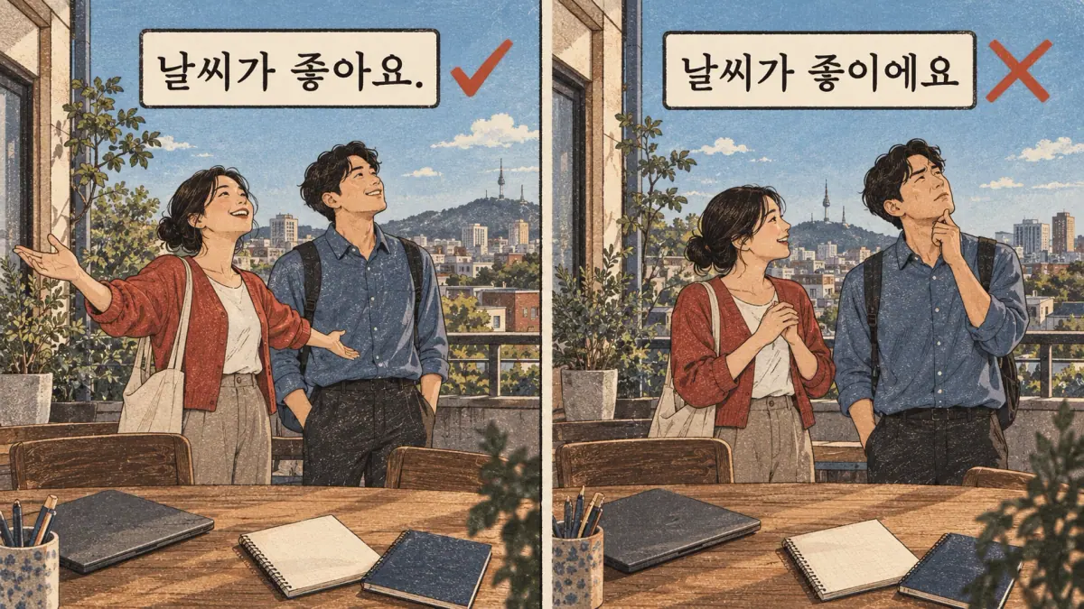 Everyday Korea scenes labelled 날씨가 좋아요. / 날씨가 좋이에요