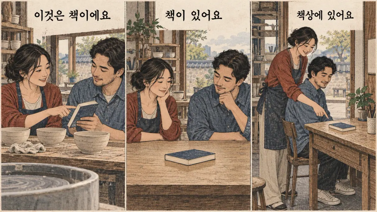 Everyday Korea scenes labelled 이것은 책이에요 / 책이 있어요 / 책상에 있어요