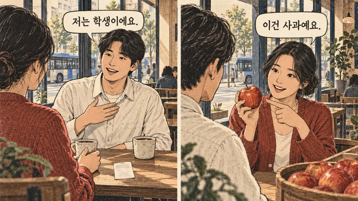 Everyday Korea scenes labelled 저는 학생이에요. / 이건 사과예요.
