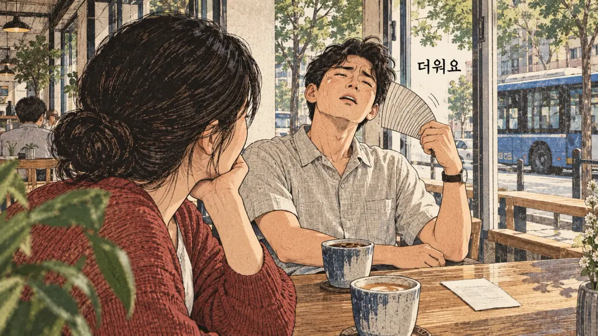 Everyday Korea scenes labelled 더워요