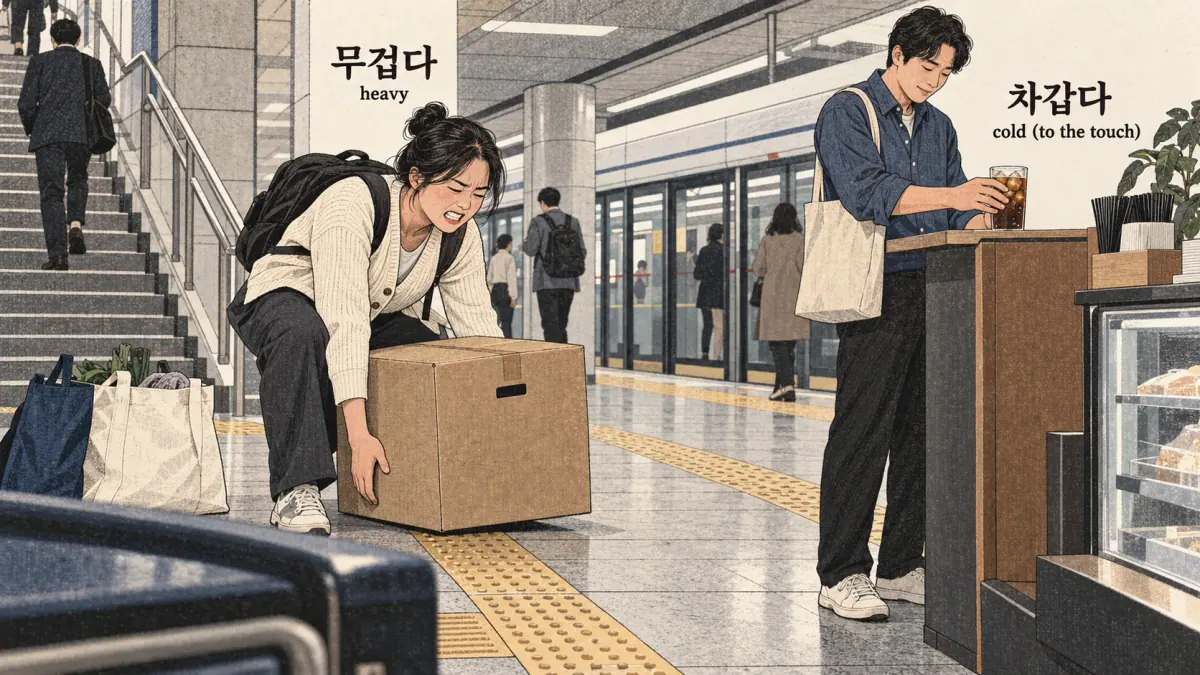 Everyday Korea scenes labelled 무겁다 / 차갑다