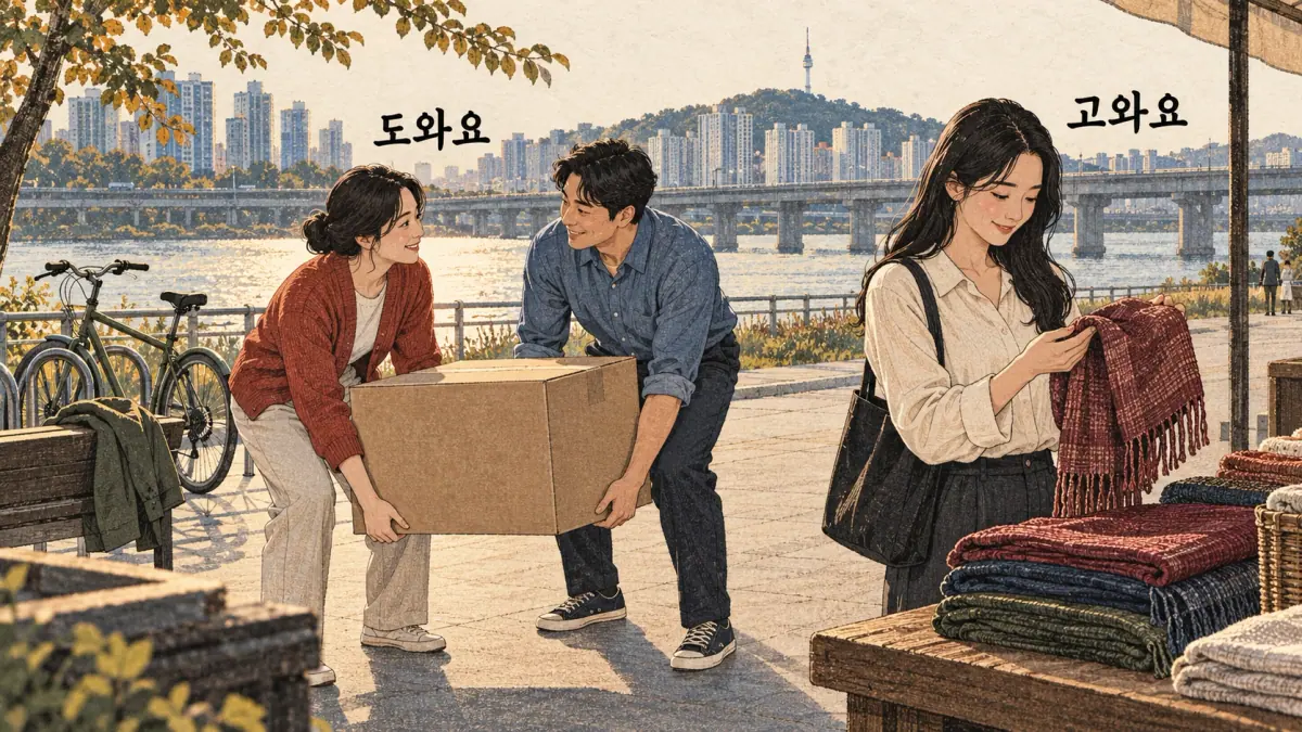 Everyday Korea scenes labelled 도와요 / 고와요