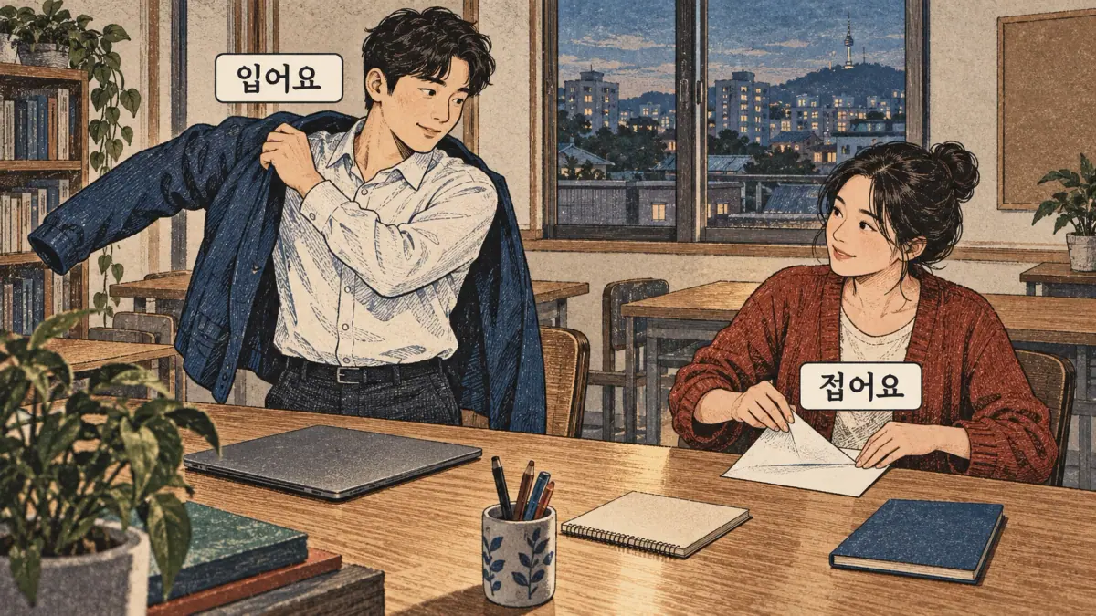 Everyday Korea scenes labelled 입어요 / 접어요