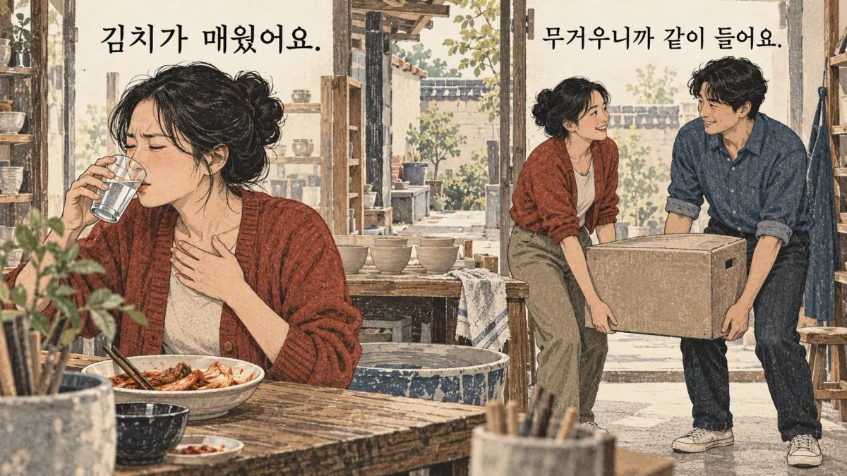 Everyday Korea scenes labelled 김치가 매웠어요. / 무거우니까 같이 들어요.