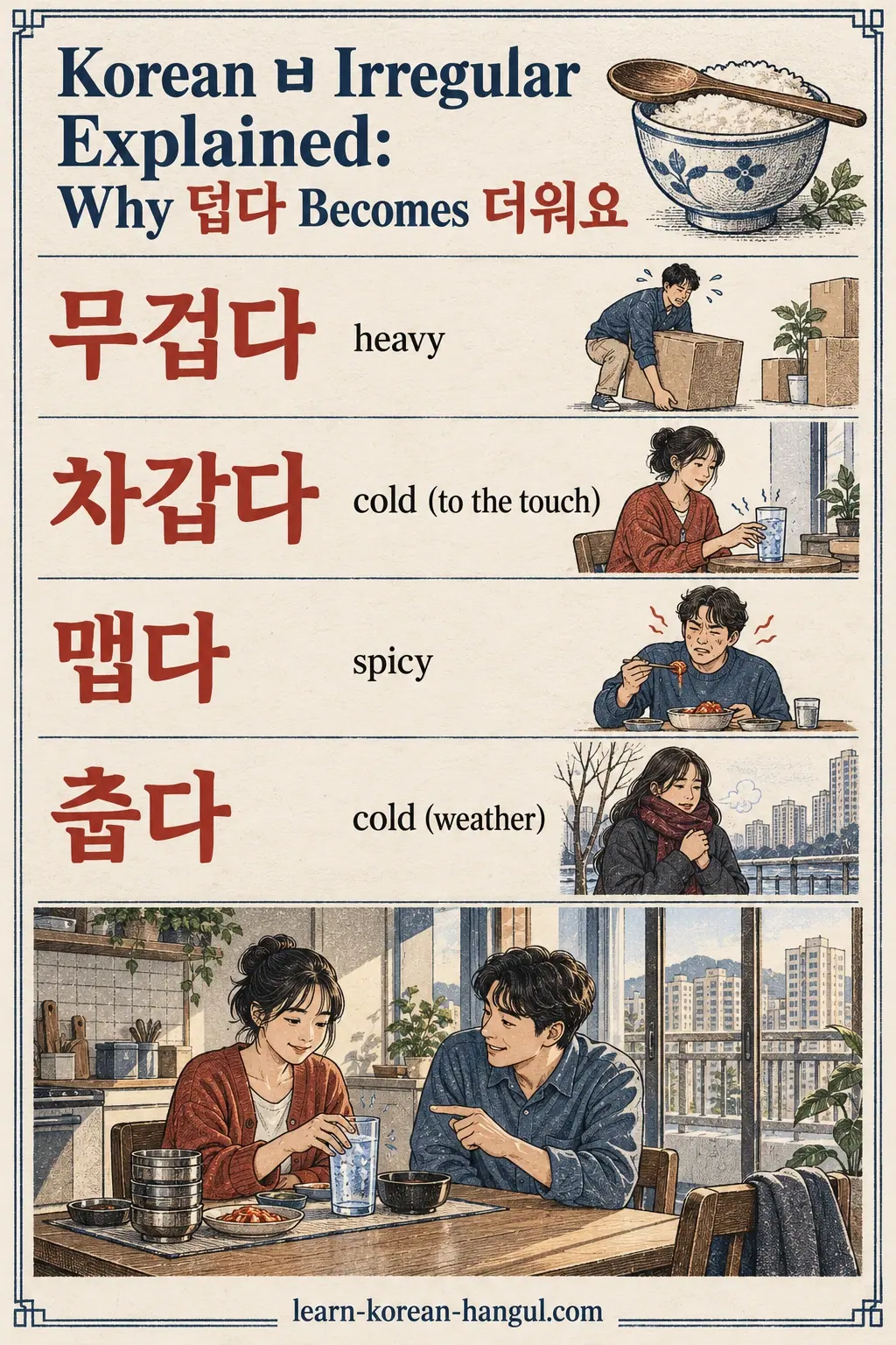 Everyday Korea scenes labelled 무겁다 / 차갑다 / 맵다 / 춥다