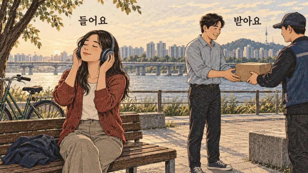 Everyday Korea scenes labelled 들어요 / 받아요