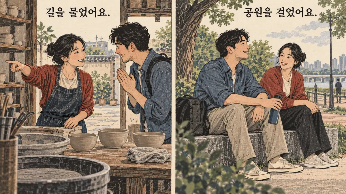 Everyday Korea scenes labelled 길을 물었어요. / 공원을 걸었어요.