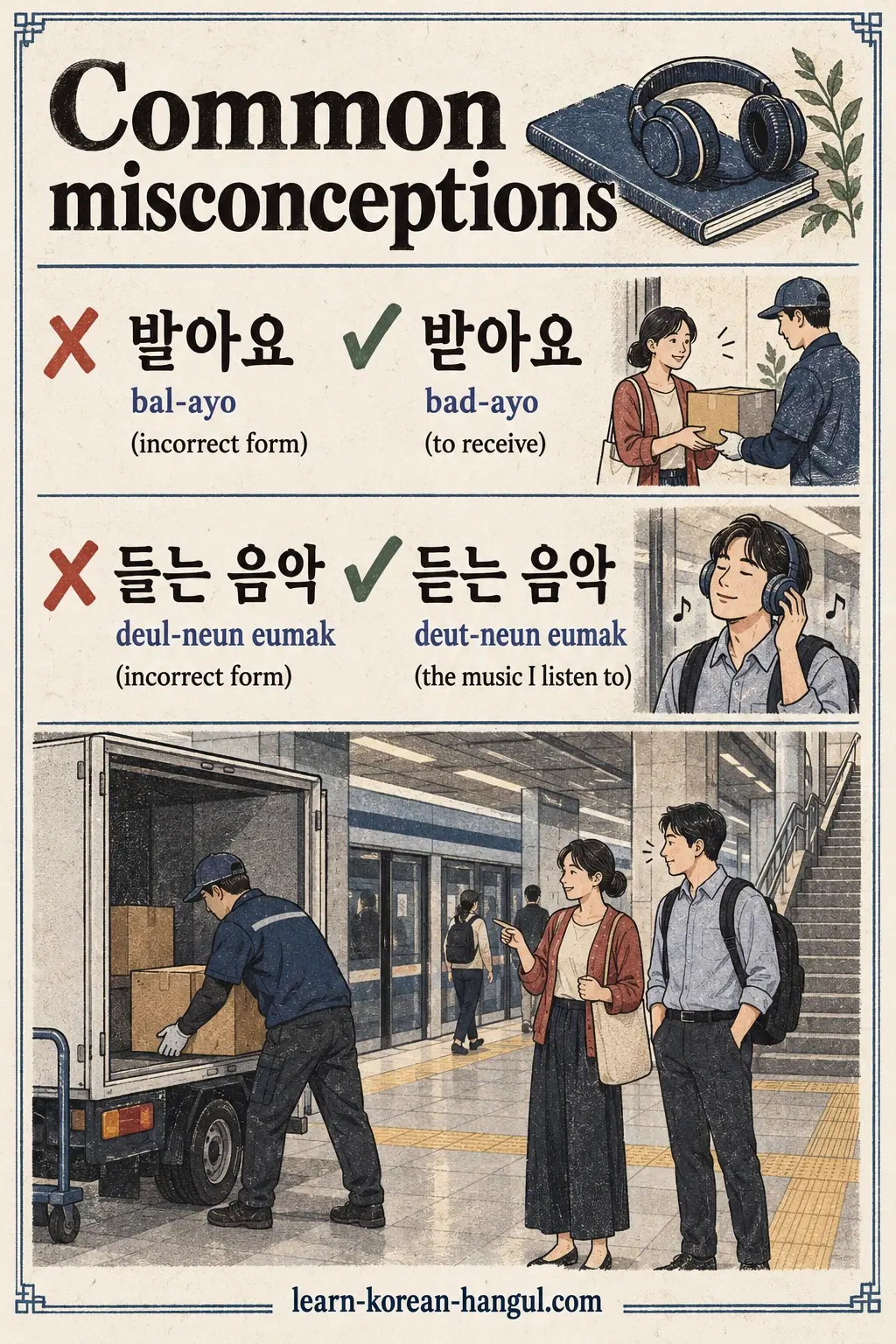 Everyday Korea scenes labelled 발아요 / 받아요 / 들는 음악 / 듣는 음악