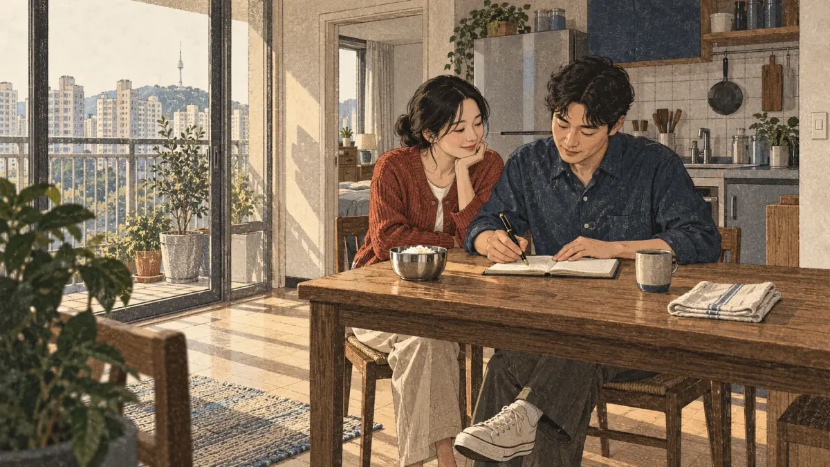 Adults practicing Korean through an everyday Seoul interaction.