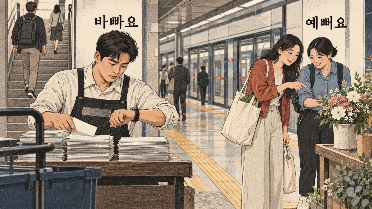 Everyday Korea scenes labelled 바빠요 / 예뻐요
