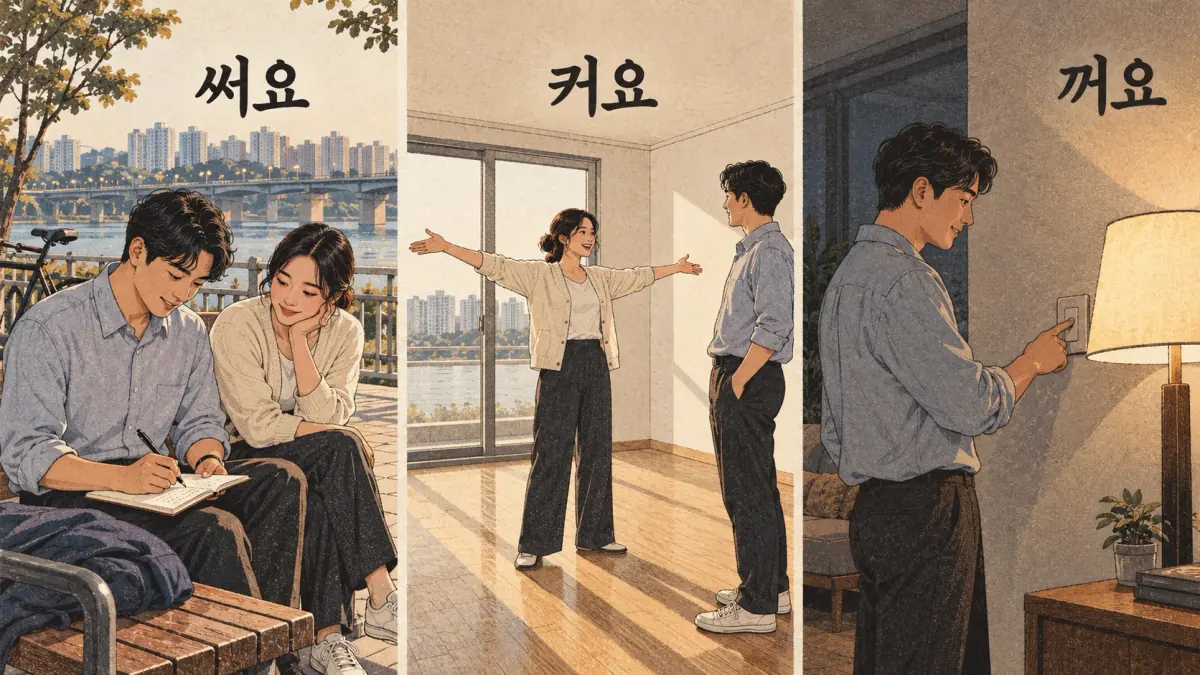 Everyday Korea scenes labelled 써요 / 커요 / 꺼요