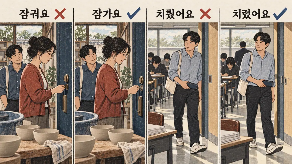 Everyday Korea scenes labelled 잠궈요 / 잠가요 / 치뤘어요 / 치렀어요