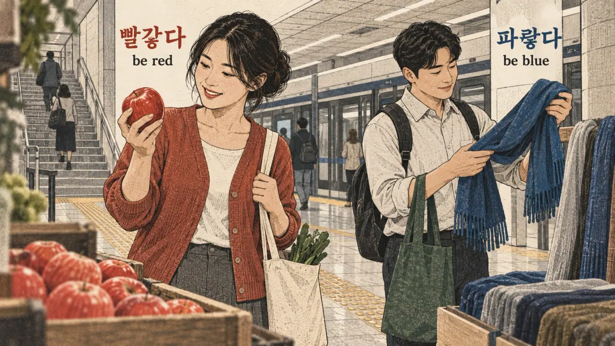 Everyday Korea scenes labelled 빨갛다 / 파랗다