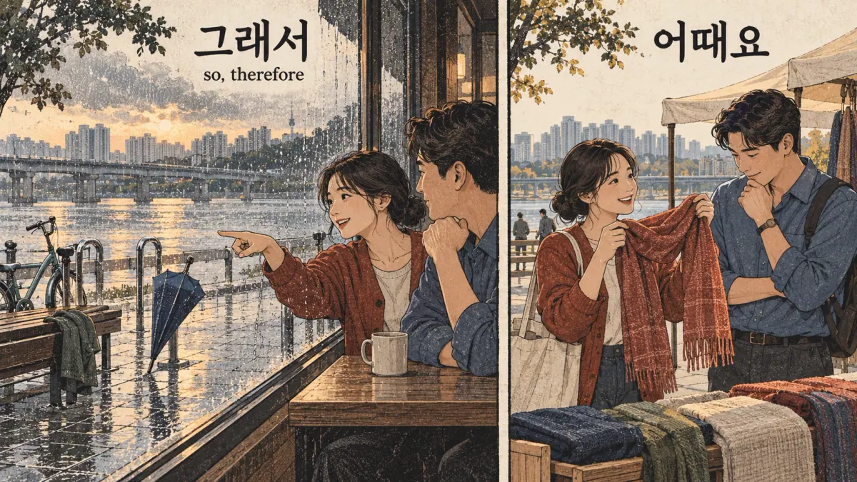 Everyday Korea scenes labelled 그래서 / 어때요