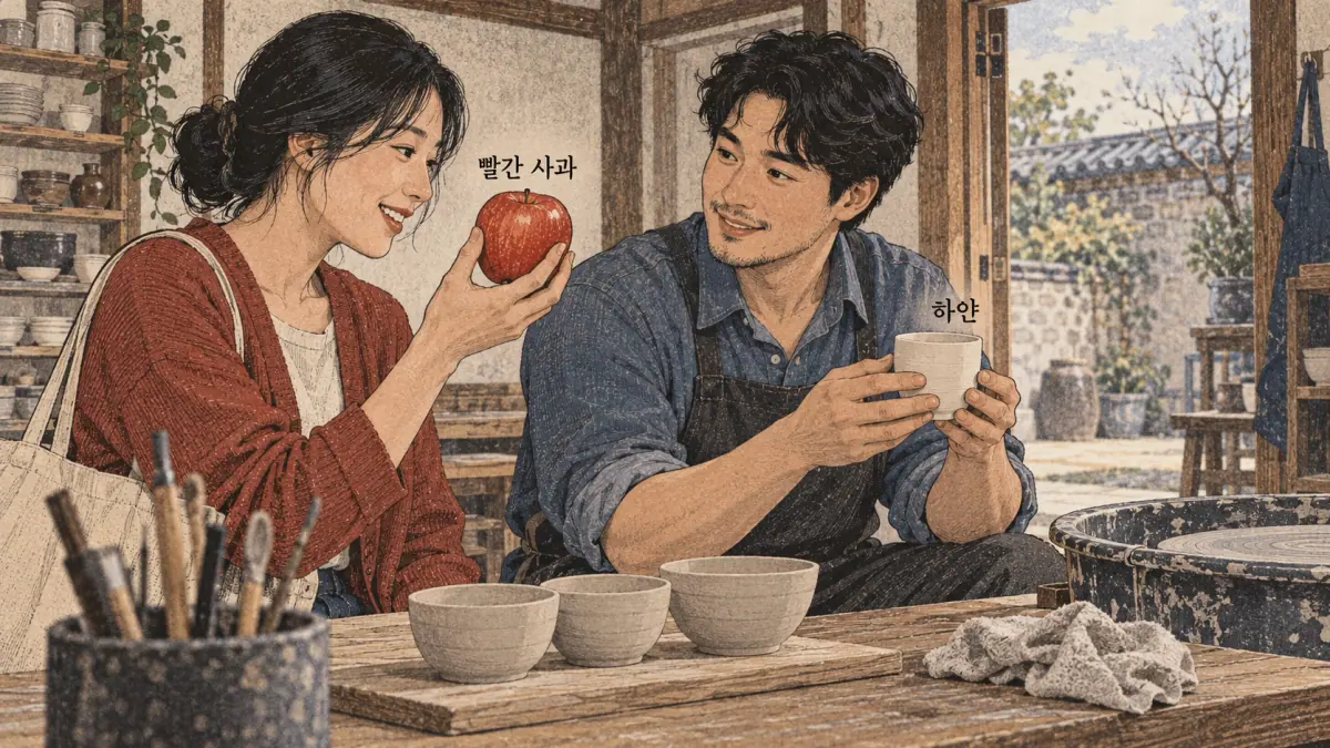 Everyday Korea scenes labelled 빨간 사과 / 하얀