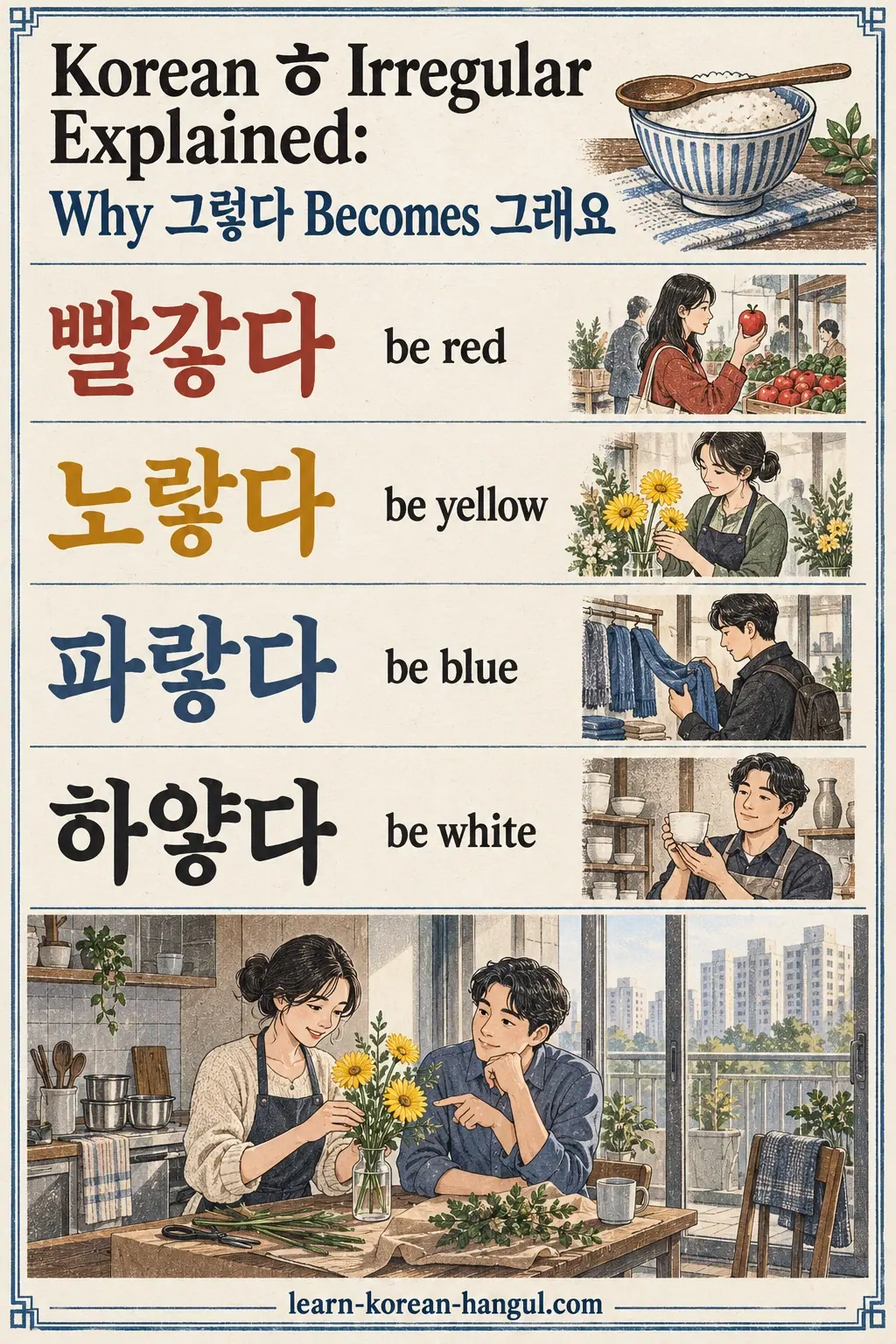 Everyday Korea scenes labelled 빨갛다 / 노랗다 / 파랗다 / 하얗다