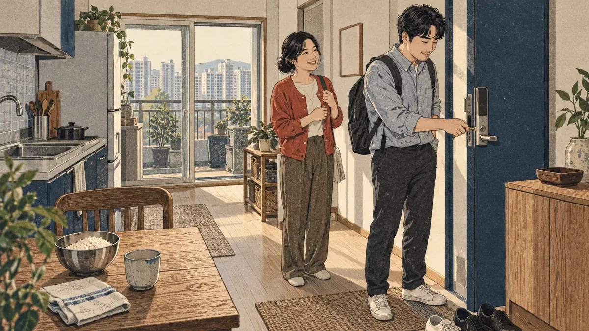 Adults practicing Korean through an everyday Seoul interaction.