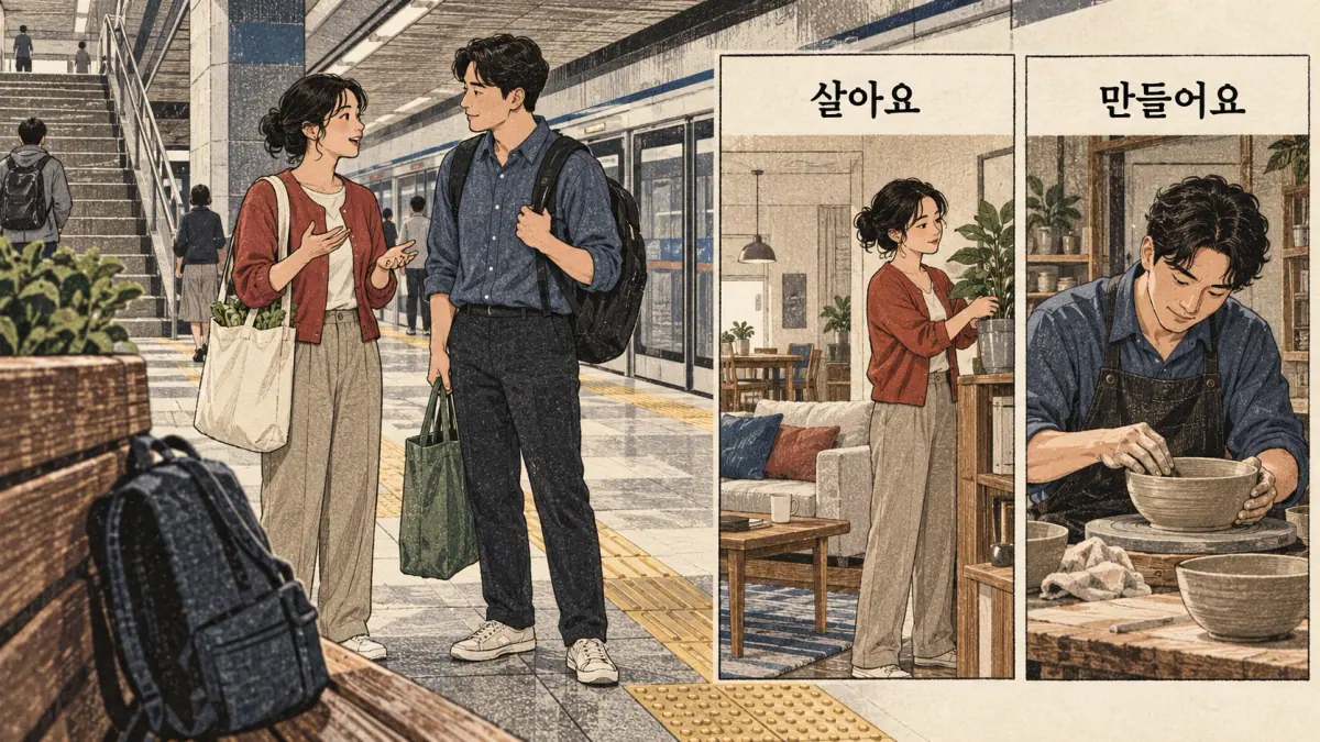 Everyday Korea scenes labelled 살아요 / 만들어요