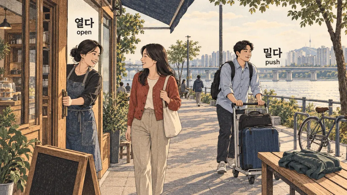 Everyday Korea scenes labelled 열다 / 밀다