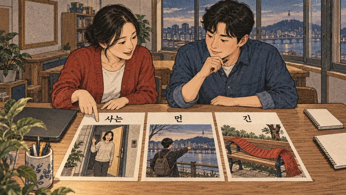 Everyday Korea scenes labelled 사는 / 먼 / 긴