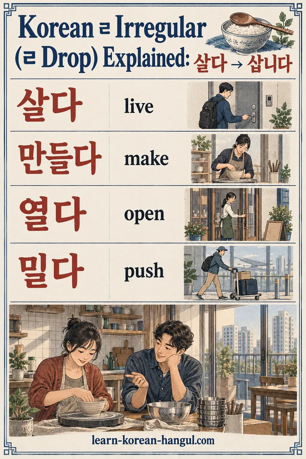 Everyday Korea scenes labelled 살다 / 만들다 / 열다 / 밀다