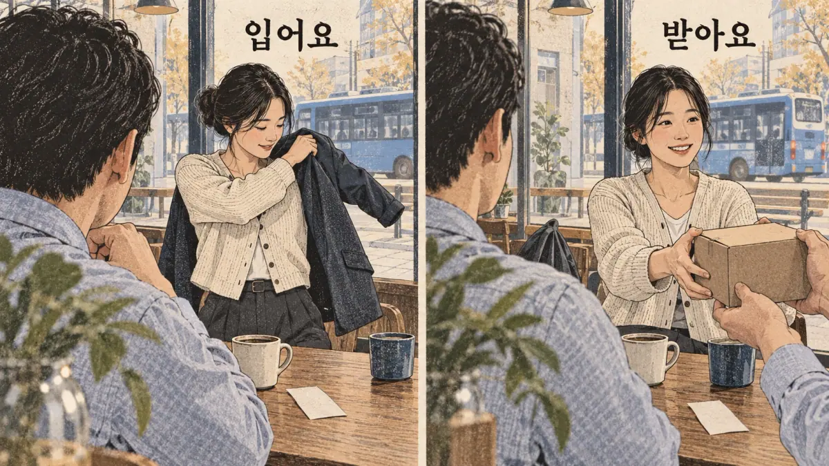Everyday Korea scenes labelled 입어요 / 받아요