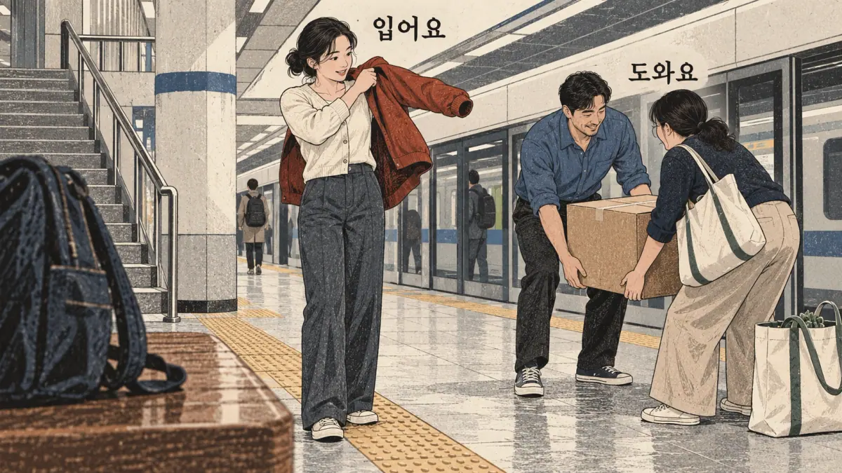 Everyday Korea scenes labelled 입어요 / 도와요