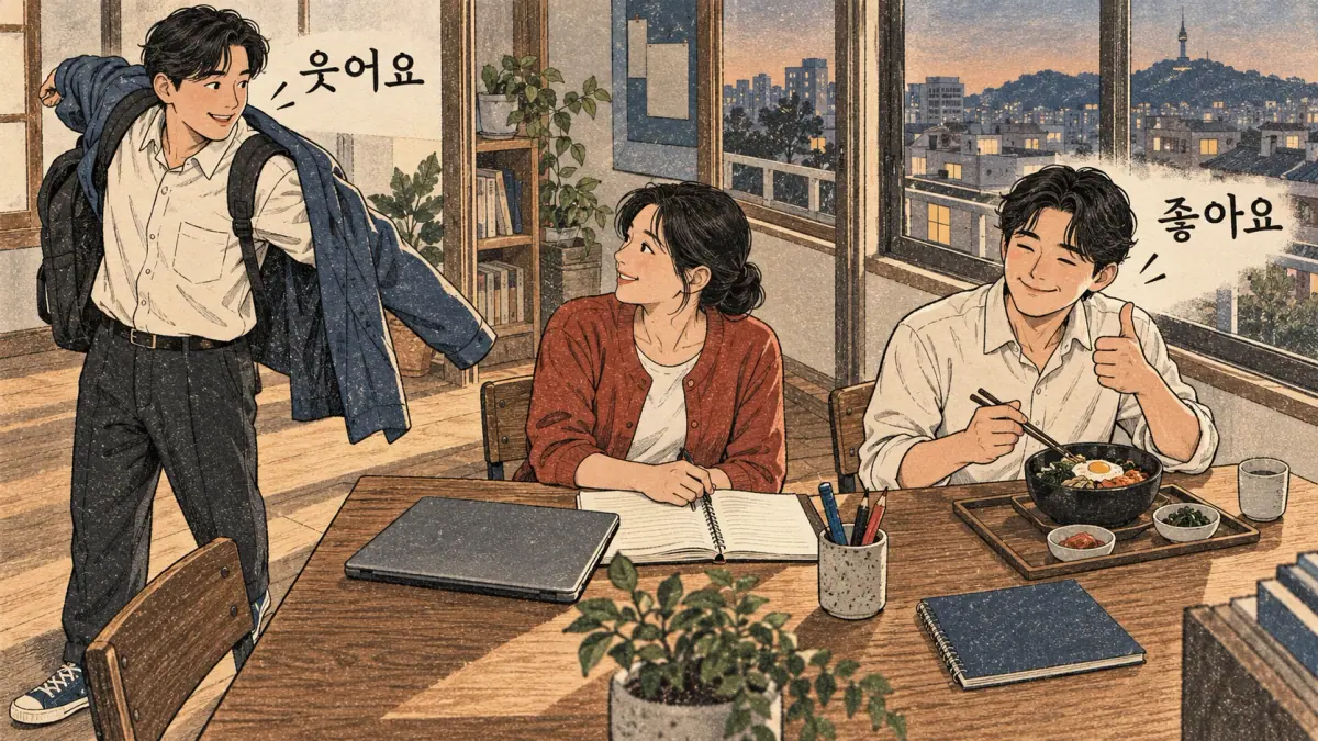 Everyday Korea scenes labelled 웃어요 / 좋아요