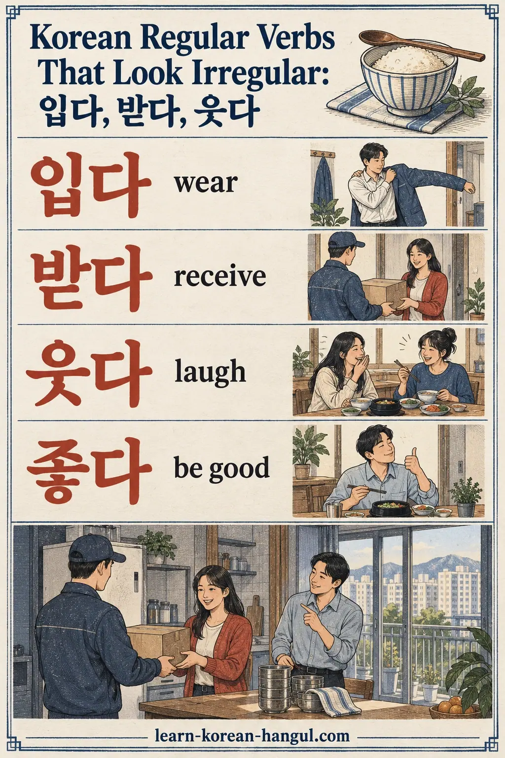 Everyday Korea scenes labelled 입다 / 받다 / 웃다 / 좋다