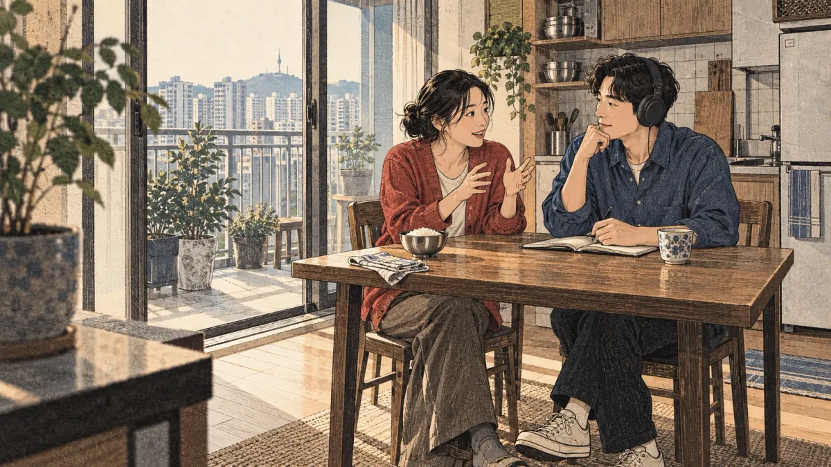 Adults practicing Korean through an everyday Seoul interaction.