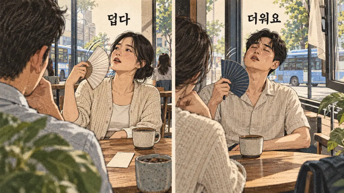 Everyday Korea scenes labelled 덥다 / 더워요