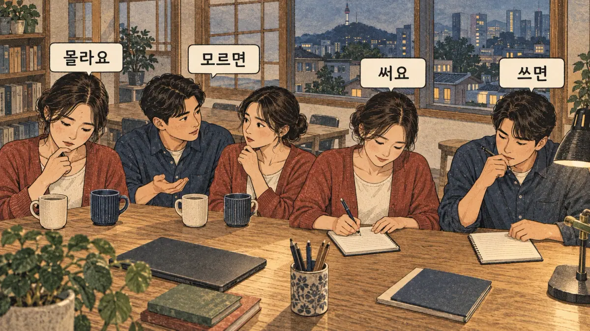 Everyday Korea scenes labelled 몰라요 / 모르면 / 써요 / 쓰면