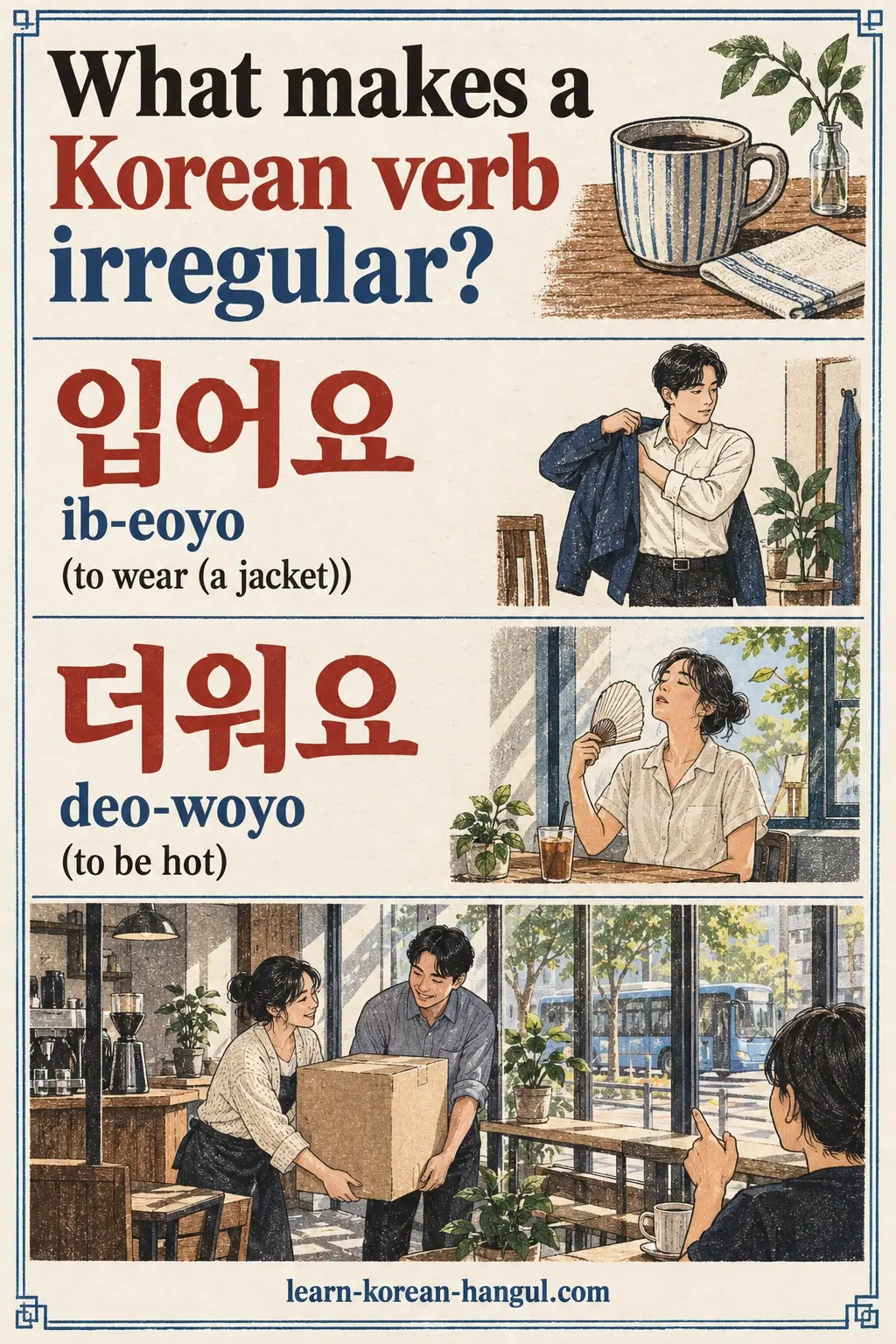 Everyday Korea scenes labelled 입어요 / 더워요