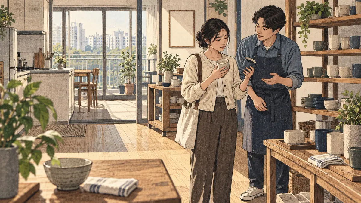 Adults practicing Korean through an everyday Seoul interaction.