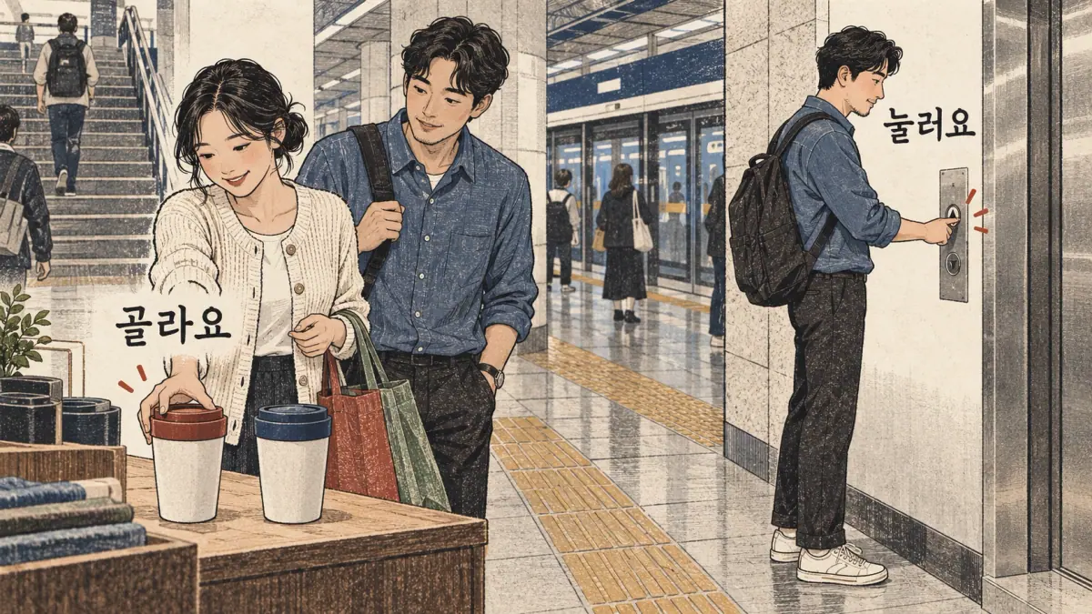 Everyday Korea scenes labelled 골라요 / 눌러요