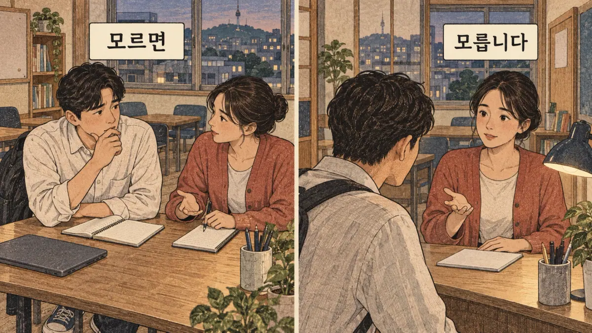 Everyday Korea scenes labelled 모르면 / 모릅니다