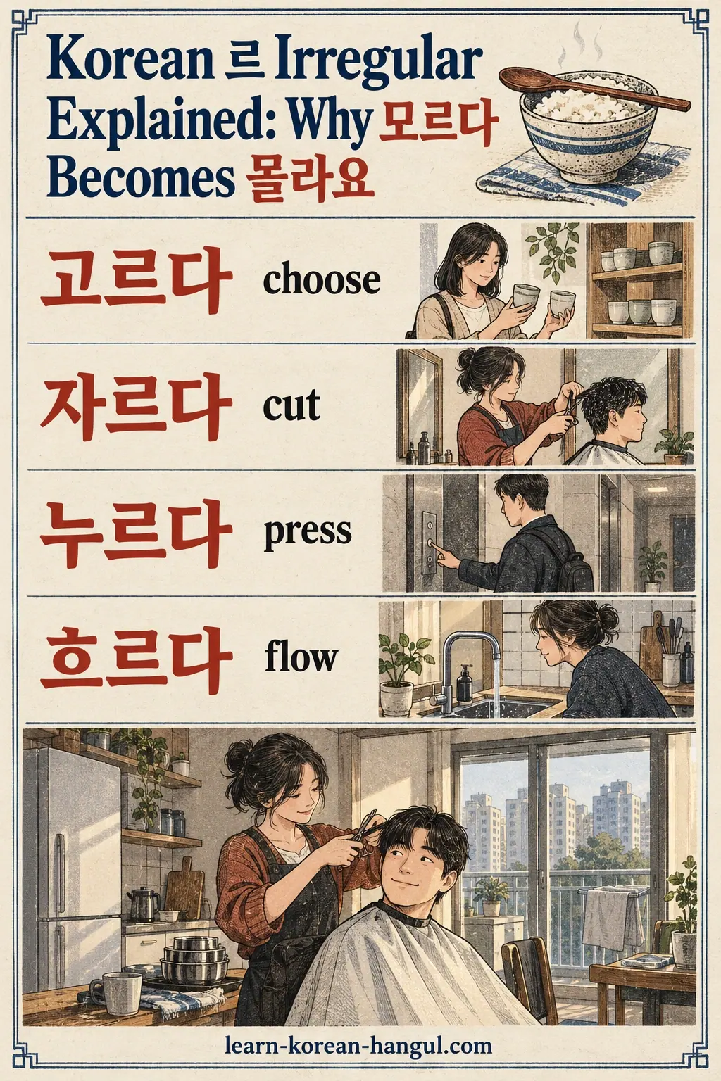 Everyday Korea scenes labelled 고르다 / 자르다 / 누르다 / 흐르다