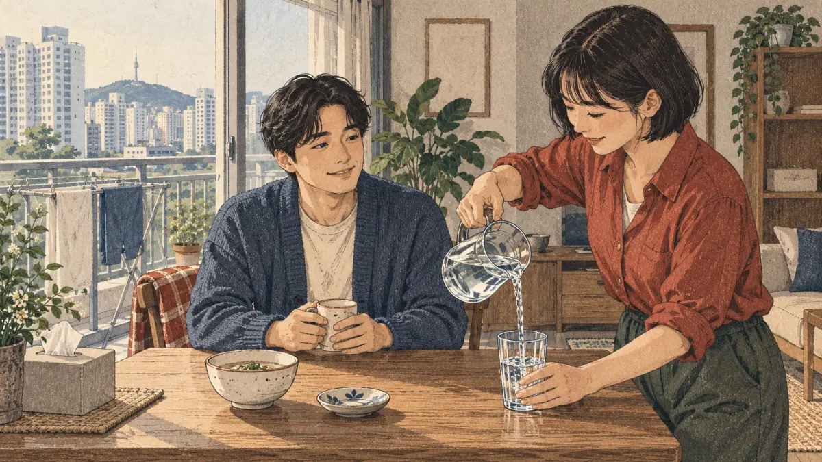 A recovering adult receives water poured by a friend in a Seoul apartment.