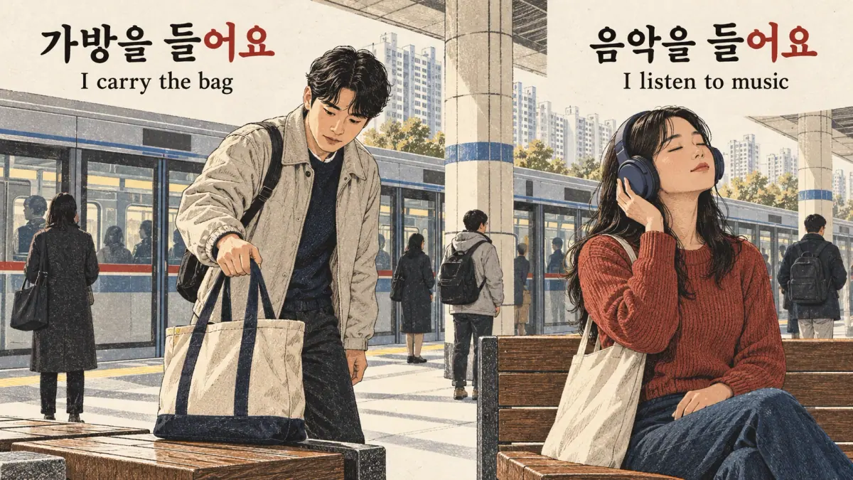 Korean ㄹ verbs illustrated: carry-listen.