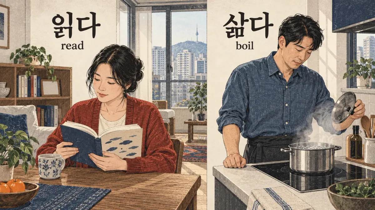 Korean ㄹ verbs illustrated: read-boil.
