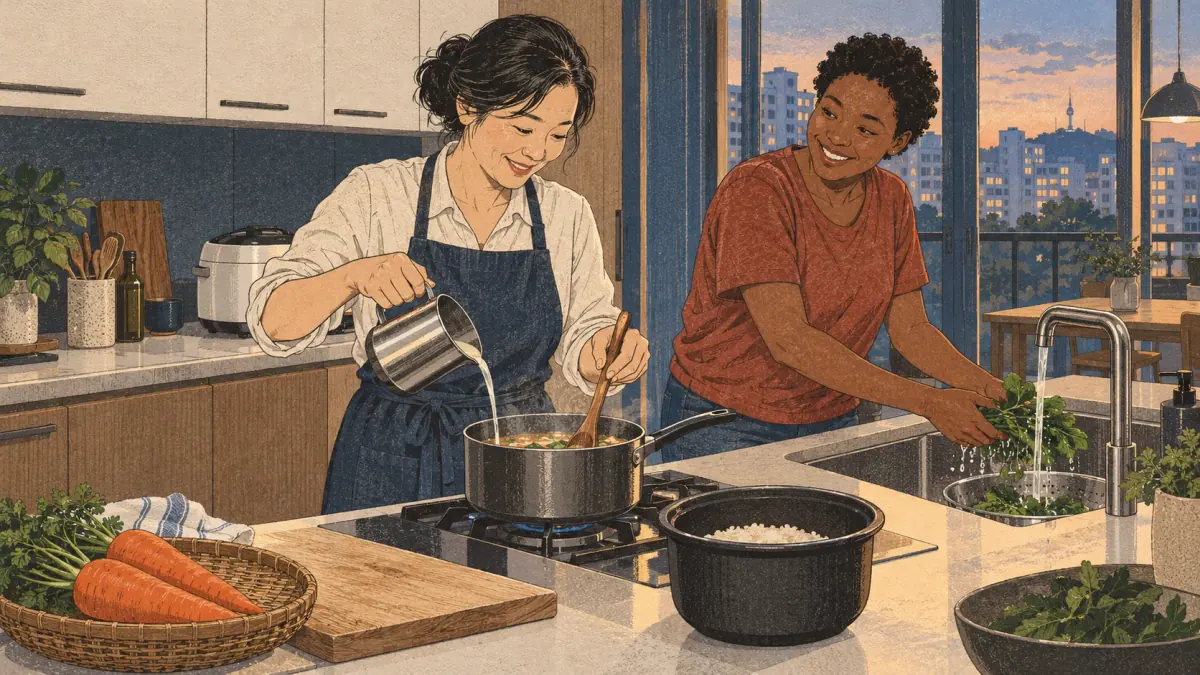 Two adults pour water, stir soup and wash vegetables in a Seoul kitchen.