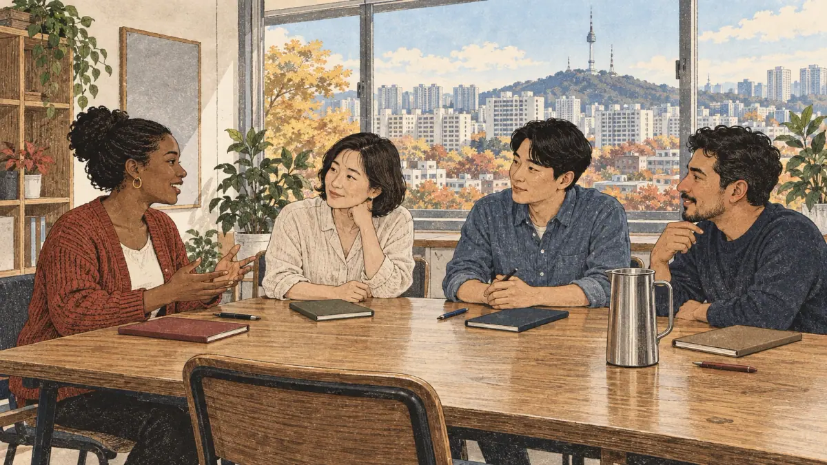 Adult learners practice conversation with an instructor in a Seoul classroom.