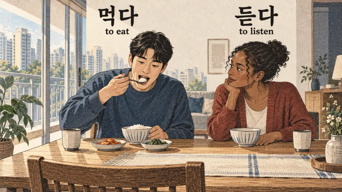 먹다 (to eat) and 듣다 (to listen) shown at a Korean apartment meal.
