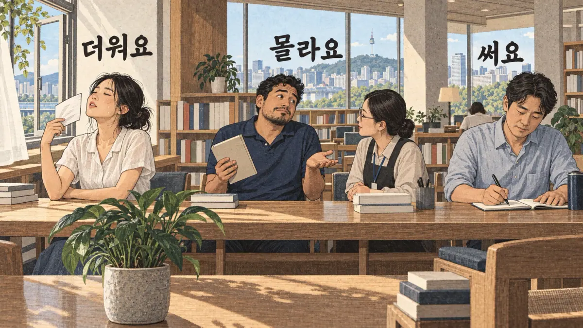 더워요, 몰라요 and 써요 illustrated in a Seoul library.