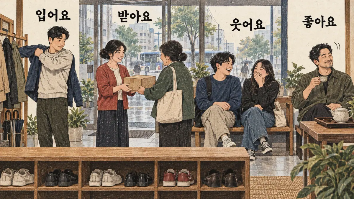 입어요, 받아요, 웃어요 and 좋아요 illustrated as regular look-alikes.