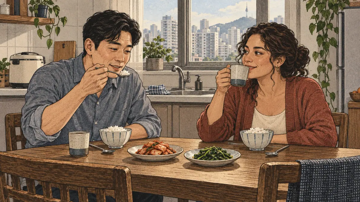 Illustrated everyday actions for beginner Korean verbs.