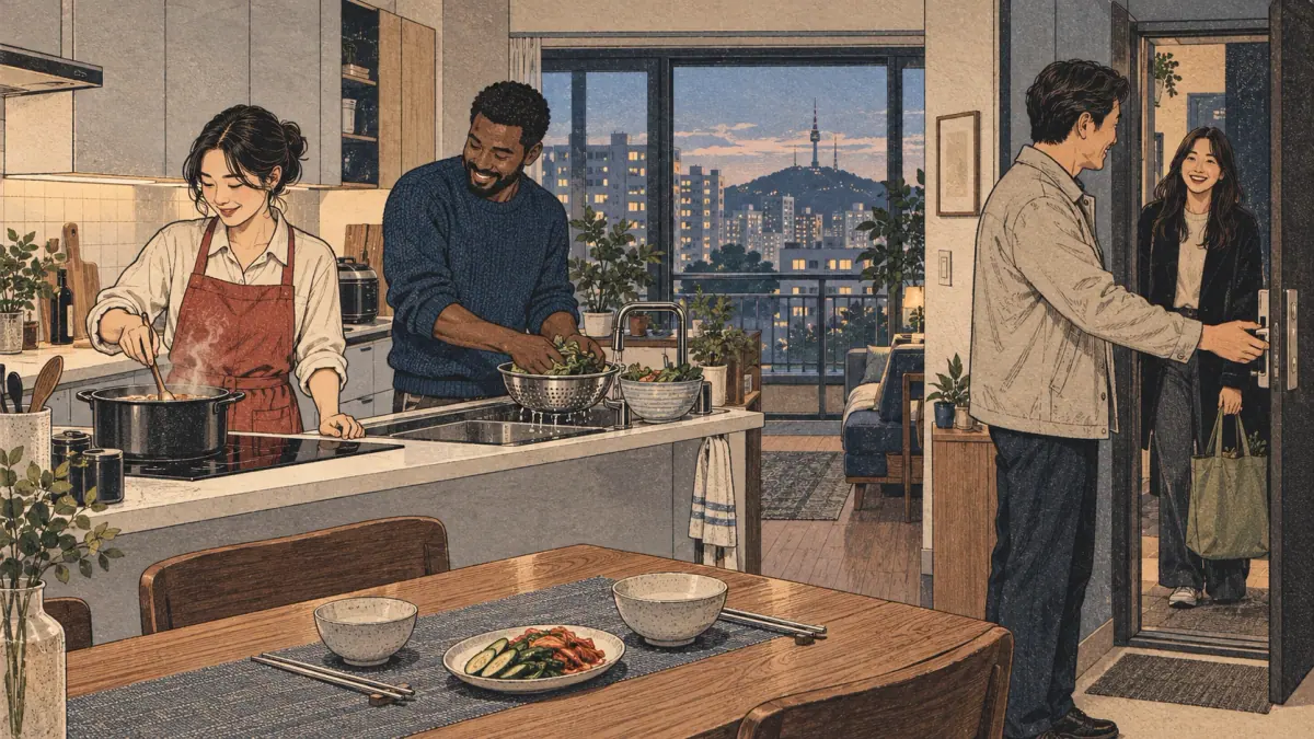 Friends prepare dinner in a Seoul apartment, illustrating everyday A2 Korean verbs.